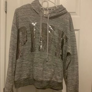 Victoria’s Secret PINK Gray Sequence Embellished Pullover Hoodie, Sz Medium